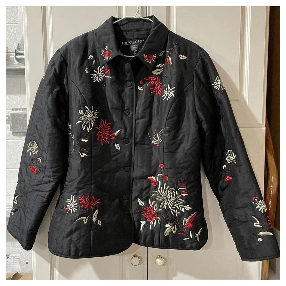 Silk Land Vintage Black Quilted Floral Silk Button Down Jacket Size 14